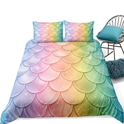 Image of Loussiesd Kids Duvet Cover Set Single for Girls Children Mermaid Fish Scales Bedding Colorful Scale Decorative Comforter Microfiber Quilt with 1 Pillow Shams, Zipper, Soft 2Pcs
