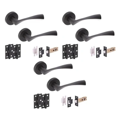 Image of HANDLEZONE® 3 Sets Zena Internal Door Handles on Rose Lever Latch Packs with Ball Bearing Hinges Black Matt