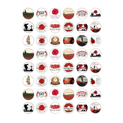 Image of 48 Remembrance Day Poppy Fundraising Themed Edible Wafer Paper Cake Toppers Decorations 2.5cm circles