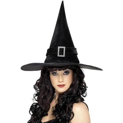 Image of Smiffys Witch Hat, Black with Diamante Buckle, Halloween Fancy Dress Accessory, Up Hats
