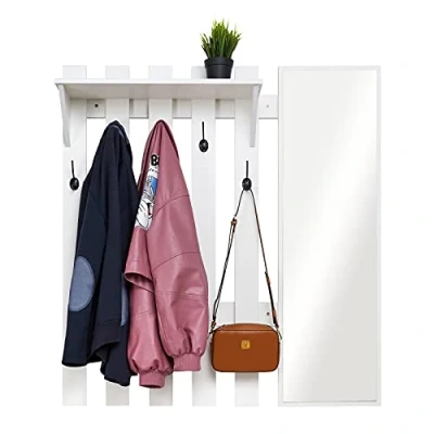 Image of Meerveil Wall Mounted Coat Rack with Mirror, Hook Shelf 5 Hooks Industrial Style for Hallway Entryway, 100 x 22 106 cm (White)