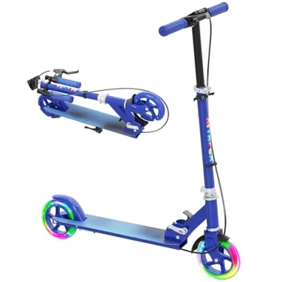 Image of AIYAPLAY Scooter for Kids Ages 3 8, Folding Kick with Adjustable Handle, 2 Light up Wheels, Handbrake &amp; Rear Brake, Gift Girls and Boys, Blue