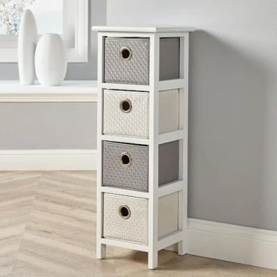 Image of Home Source Storage Chest, Wooden Bedroom Hallway Cabinet, Faux Leather Drawers Organiser, White, 4 Drawer