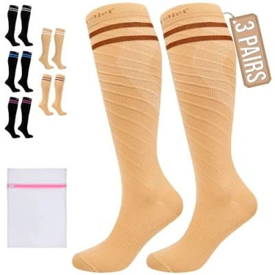 Image of 360 RELIEF 3 Pairs Compression Socks for Women Men, 15 20 mmHg Supports Blood Circulation, Travel Flight Socks, Varicose Veins, Pregnancy Stockings L/XL, Beige with 2 Dark brown lines + Laundry Bag
