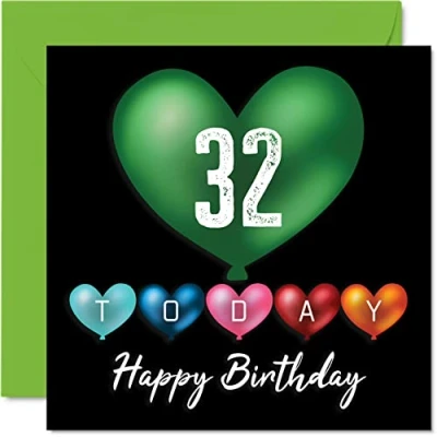 Image of Fun 32nd Birthday Cards for Men Woman Heart Balloons Happy Card Dad Mum Son Daughter Brother Sister Uncle Auntie Cousin, 145mm x Greeting
