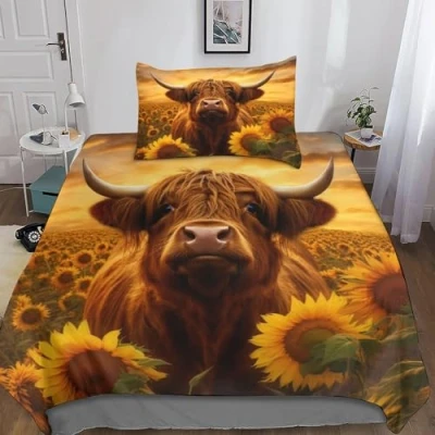 Image of Highland Cow 3D Print Duvet Cover Bedding, for Kids Teens Adults Colourful Animals Comforter 3 Piece Quilt Matching Pillowcase with Zipper Closure Soft Microfiber Single（135x200cm）
