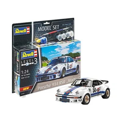 Image of Revell Model Set 67685 Porsche 934 RSR &quot;Martini&quot; 1:24 Scale Unbuilt/Unpainted Plastic Kit with Contacta Professional Glue, Paintbrush &amp; Selected Aqua Color Paints