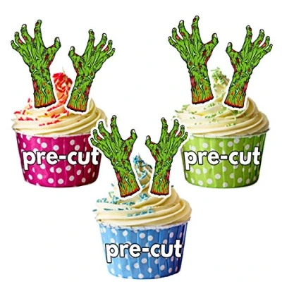 Image of AK Giftshop PRE CUT Halloween Green Zombie Hands Edible Cupcake Toppers/Cake Decorations (Pack of 12)