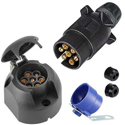 Image of SPARKMOTO 7 Pin Trailer plug and 7Pin socket,12V Towing socket With Blue Holder,Trailer Wiring Tow bar for Semitrailers Caravan RV Cars (Screw Cap)