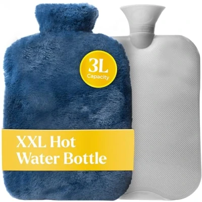 Image of Qomfor XXL Large Hot Water Bottle with Faux Fur Cover (3L) Soft Fluffy for Bed, Back Pain &amp; Menstrual Cramps Long Lasting (Blue)