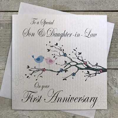 Image of White Cotton Cards PD192 Anniversary Handmade Card to a Special Son and Daughter in Law On Your First Love Birds,