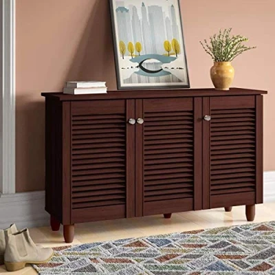 Image of Timber Art Design UK Shoe Storage Cabinet 3 Doors &amp; Shelves Footwear Organizer Modern Stand Rack Unit Cupboard for Living Room, Hallway, Dark Wenge H 67.5 x W 114 D 33.6 cm
