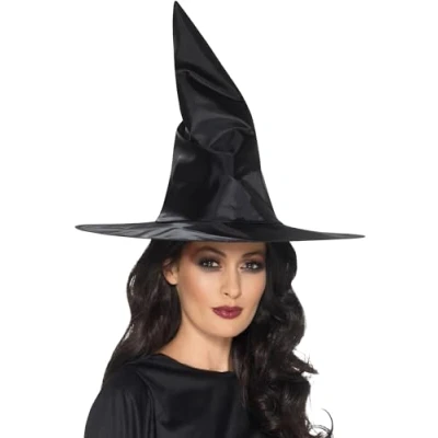 Image of Smiffys Witch Hat, Black Shiny Fabric, Wired, Halloween Fancy Dress Accessory, Up Hats