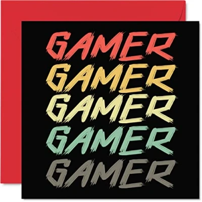 Image of Gamer Birthday Cards for Men Women Retro Happy Card Brother Sister Son Daughter Mum Dad Friend Auntie Uncle, 145mm x Video Gaming Game Bday Greeting