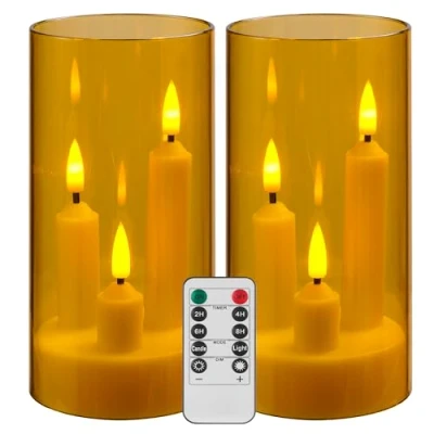 Image of Da by LED Flameless Candles, Gold, Battery Operated with Remote and Timer, 3 Core Pillar Design, 2 Pack