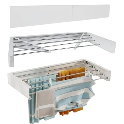 Image of Hyfive Clothes Airer Drying Rack Wall Mounted Rail &amp; Indoor Dryer Over Bath Space Saving Solution Stainless Steel