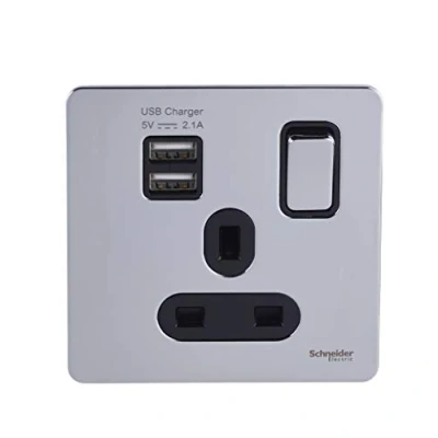 Image of Schneider Electric Ultimate Screwless Flat Plate Switched Single Power Socket with USB Charging Ports, Double Pole, 13A, GGBGU34102USBABPC, Polished Chrome Black Insert