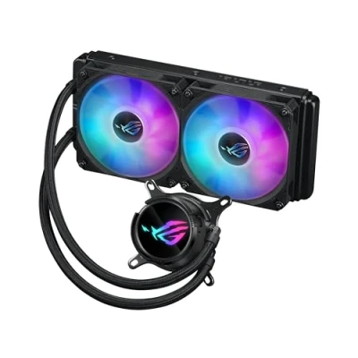 Image of ASUS ROG Strix LC III 240 ARGB all in one CPU liquid cooler with 360 rotatable water block, 7th gen V2 Asetek pump, Premium fans, and 10+ custom Aura lighting effects.