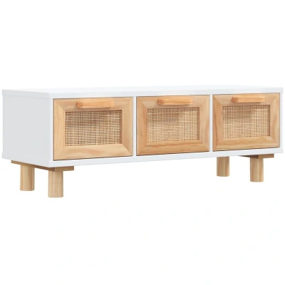 Image of vidaXL Engineered Wood Coffee Table, Scandinavian Design, Solid Pinewood Feet, Two Drawers with Rattan Weaving Pattern White