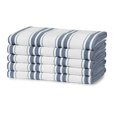 Image of 100% Cotton Tea Towel Blue Basketweave Stripe Pattern, Pack of 5 Kitchen Set Absorbent, Strong, Quick Dry &amp; Machine Washable for Home Decor Bathroom Accessories