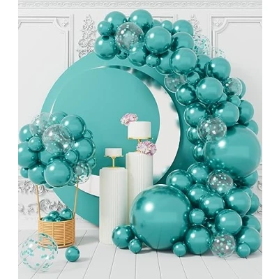 Image of Metallic Green Balloon Arch Kit: 100 Pcs Party Balloons Garland Kit with Turquoise Confetti Latex Ribbons for Birthday Baby Shower Jungle Dinosaur St. Patrick&#039;s Day Decoration