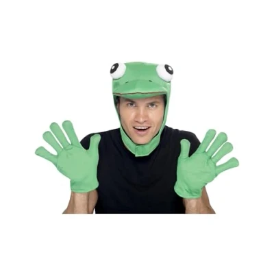 Image of Smiffys Frog Kit, Green with Hood &amp; Gloves, Party Animals Fancy Dress, Animal Dress Up Accessories