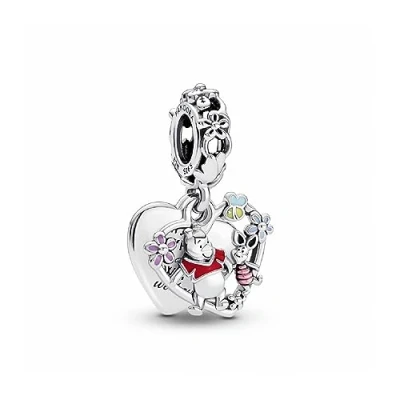 Image of Pandora Disney Winnie the Pooh sterling silver double heart dangle with yellow, red, transparent cerise, pink and blue enamel