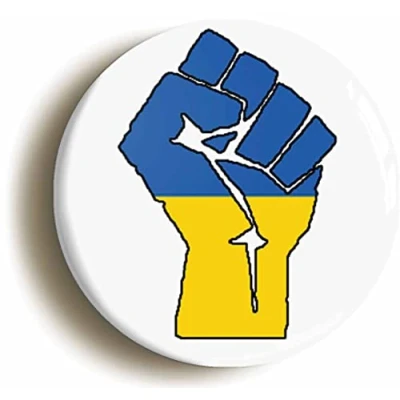 Image of Ozorath UKRAINE SOLIDARITY FIST BADGE BUTTON (Size is 1inch/25mm diameter) UKRAINIAN FLAG