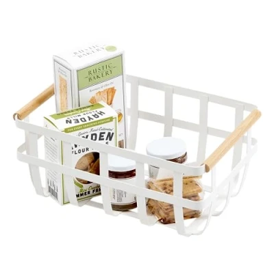 Image of Yamazaki 2507 TOSCA Storage Basket with 2 Handles, white, Steel/Wood, Minimalist, 36 x 22 16 cm