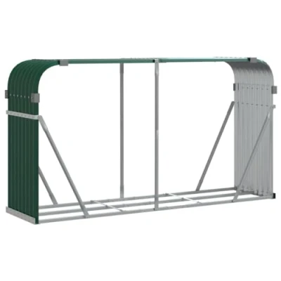 Image of vidaXL Galvanised Steel Log Holder Firewood Rack Green, Durable Outdoor Wood Storage Stand, 180x45x100 cm with Stability Hooks