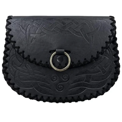 Image of HiiFeuer Viking Embossed Belt Bag, Vintage Medieval Faux Leather Side Pack, Middle Ages Portable Pouch for LARP Ren Faire (Black B)