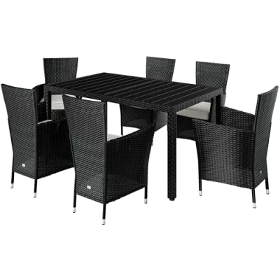 Image of CASARIA® 7 Pcs Venice Garden Furniture Set 1 Table and 6 Stackable Chairs With 7cm Thick Cushions Weatherproof Poly Rattan WPC Top Black