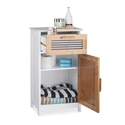 Image of Relaxdays Narrow Bathroom Cabinet, Drawer, Natural Look, Height Adjustable Shelf; MDF, HWD: 70x40x28.5cm, White