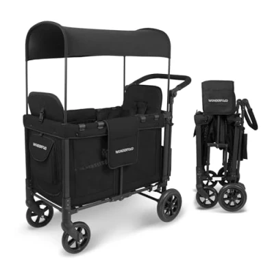 Image of WONDERFOLD W2 Original Double Stroller Wagon Featuring 2 High Face to Seats with 5 Point Harnesses, Easy Access Front Zipper Door, and Removable UV Protection Canopy, Black