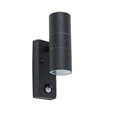 Image of MiniSun Modern Matt Black Up/Down Outdoor Security Wall Light PIR Motion Sensor Detector IP44 Rated Complete with 2 x 5W GU10 Cool White LED Bulbs