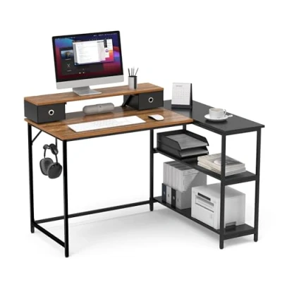 Image of Mondeer L Shaped Desk 120cm, Corner with Storage Shelves Reversible, Removable Monitor Stand 2 Drawers, Industrial Style for Home Office Workstation Small Space, Rustic Brown and Black
