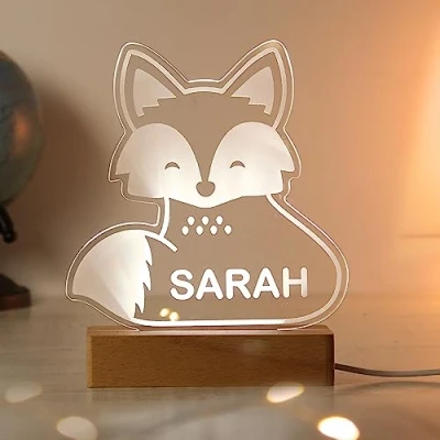 Image of Personalised Fox Light. Colour Changing LED Night Light with Wooden Base