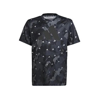 Image of adidas Unisex Kids Train Essentials Seasonal AEROREADY Allover Print Regular Fit Tee, White/Grey Five/Carbon/Black, 7 8 Years