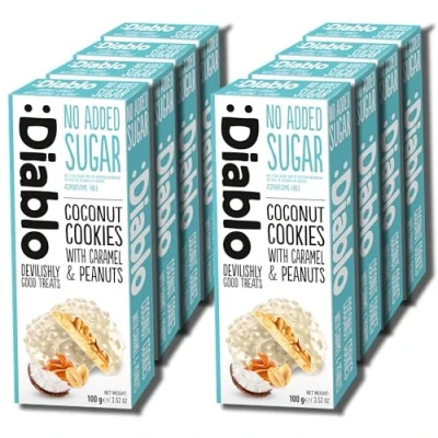 Image of Diablo No Added Sugar Coconut Cookies With Caramel &amp; Peanut 100g (Pack Of 8)