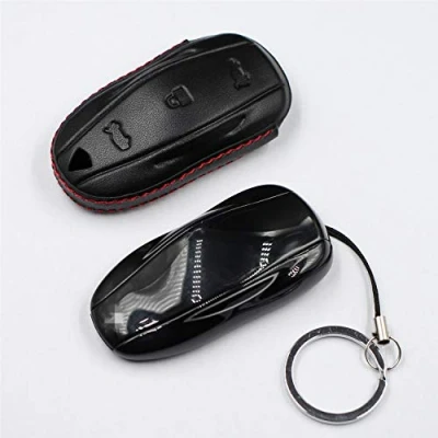 Image of M.JVisun Men Women Genuine Leather Key Fob Cover For Tesla Model S Y 3, Car Remote Case with Keychain S/Y/3 Black
