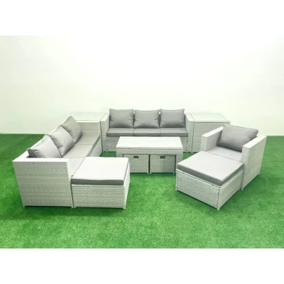 Image of Outdoor Rattan Garden Furniture Set with Grey Cushions Luxury 11 Seater Coffee Table and 2 Side Tables For Conservatory,Patio Fimous