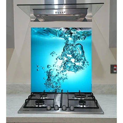 Image of Splashback, Tempered Glass Panel Kitchen with splash water on the blue background, Any Size, VA Art (wide 60 x height 80 /cm)