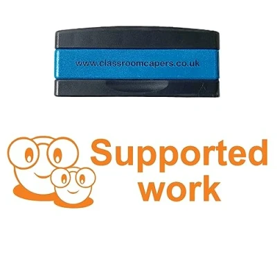 Image of Supported Work Self Inking, Stakable Teacher Stamps, Pre Inked for Feedback Marking. Purple Ink