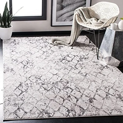 Image of SAFAVIEH Modern Trellis Distressed Rug for Living Room, Dining Bedroom Amelia Collection, Short Pile, in Grey and Light Grey, 122 X 183 cm
