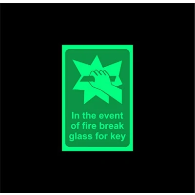 Image of in the event of fire break glass for key Safety sign 200mm x 150mm 1.2mm Photoluminescent glow dark rigid plastic with self adhesive backing