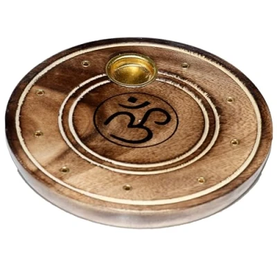 Image of Puckator Mango Wood Round Om Ashcatcher Incense Burner Zen Spiritual Modern Gothic Home Room Decor Decorations Meditation Accessories Stick Sticks Cone Holder Burners