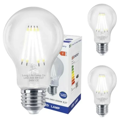 Image of Long Life Lamp Company Pack of 3 LED Cool White 4W Light Bulbs Clear Glass A60 E27 ES Edison Screw 6500k