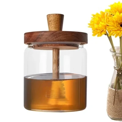 Image of 500ml Honey Jar Container Dispenser With Wood Lid Glass Jars Storage &amp; Canisters Containers Dipper Lids For Storing And Syrup