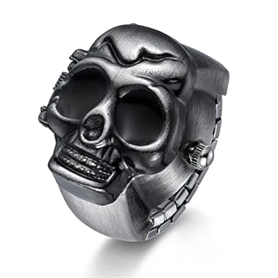 Image of JewelryWe Men Women Finger Watch Punk Skull Flip Open Cover Quartz Analog Ring Watches, Adjustable Size