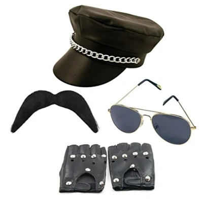 Image of jokeshop Biker 4pc Set (Hat with Chain, Gloves, Moustache &amp; Glasses) YMCA Village People Gay Fancy Dress Party
